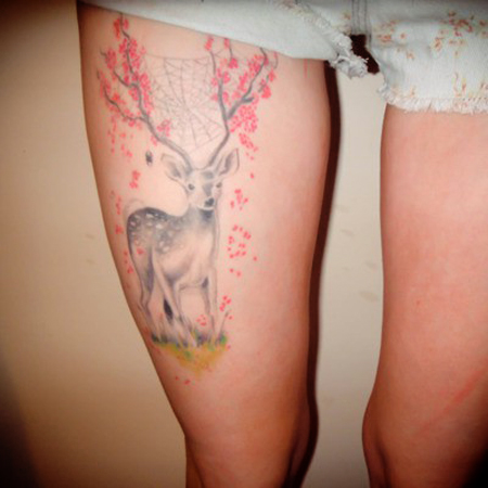 Nice Deer Tattoos On Right Thigh For Women