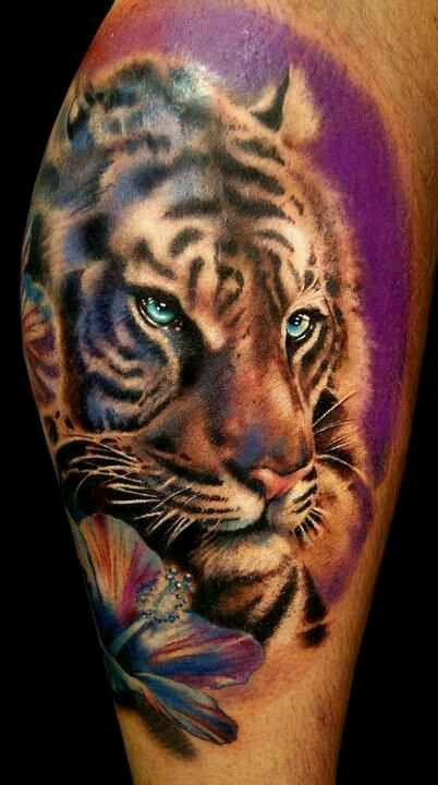 Nice Flower And White Tiger Tattoo On Leg