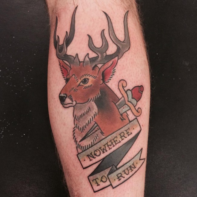 Nowhere To Run Banner And Deer Tattoo On Back Leg