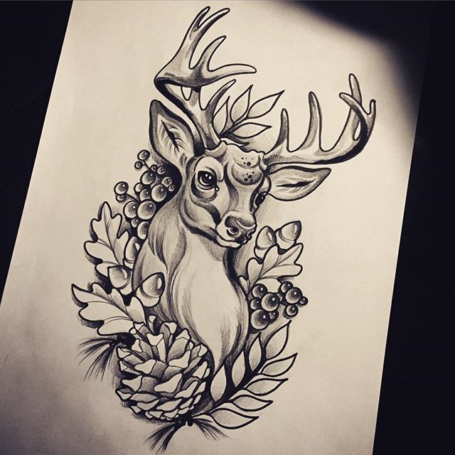 Oak Leaves Traditional Deer Tattoo Design