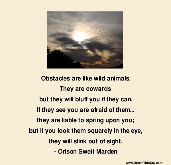 Obstacles are like wild animals. They are cowards but they will bluff you if they can. If they see you are afraid of them, they are liable to spring upon you; but if ... Orison Swett Marden
