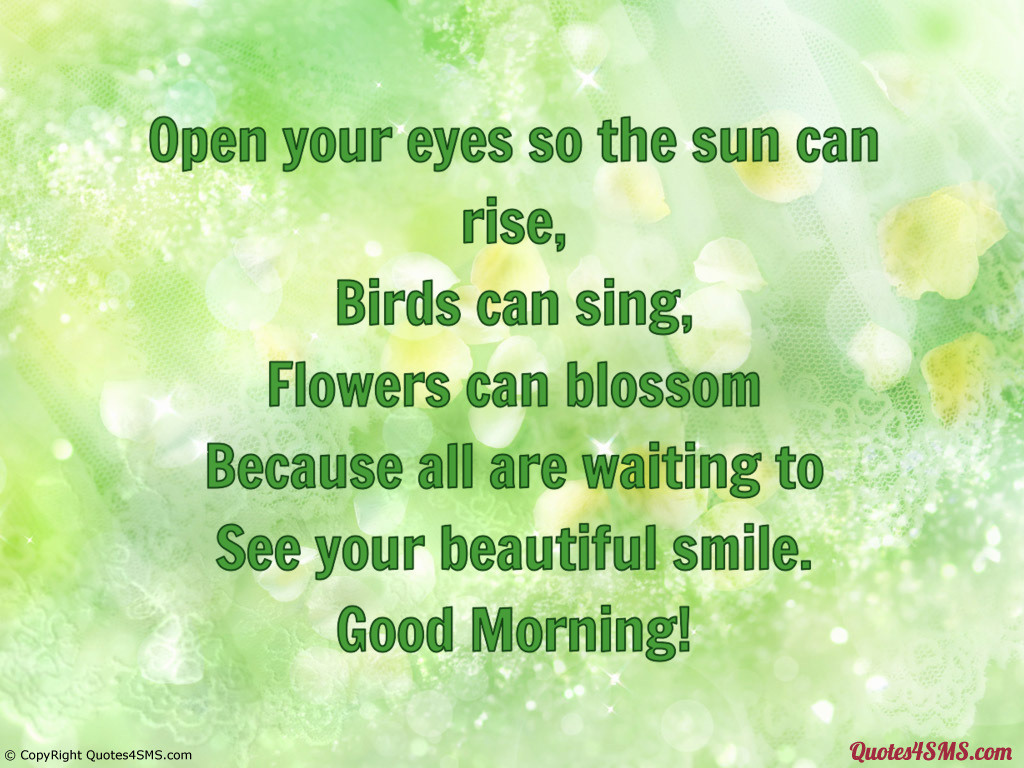 Open your eyes so the sun can rise, Birds can sing, Flowers can blossom Because all are waiting to See your beautiful smile. Good Morning!
