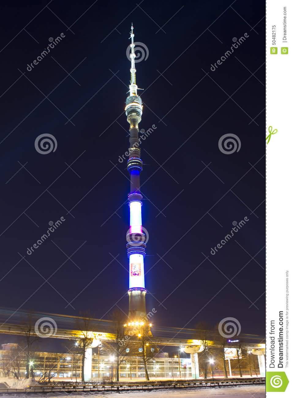 Ostankino Tower In Moscow Lit Up At Night