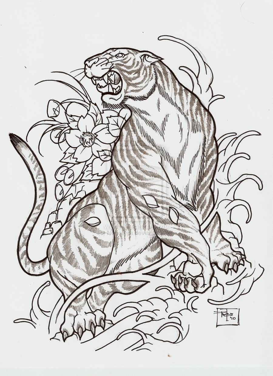 Outline Flowers And Japanese Tiger Tattoo Design