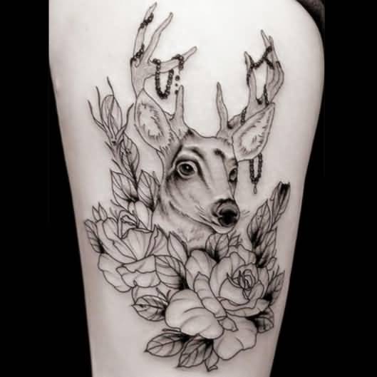 Outline Rose And Deer Head Tattoo