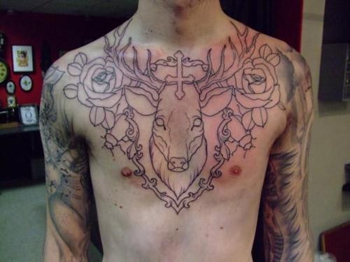 Outline Roses And Deer Head Tattoo On Chest