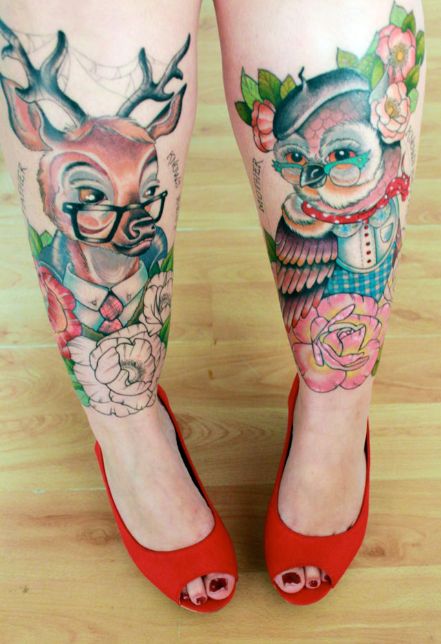 Owl And Deer Tattoos On Both Legs For Women
