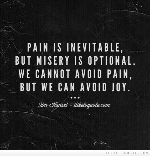 Pain is Inevitable, Misery is Optional.  We cannot avoid pain, but we can avoid joy. Jim Hansel