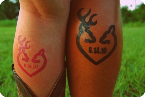 Pink And Black Ink Couple Deer Tattoos On Leg Calf