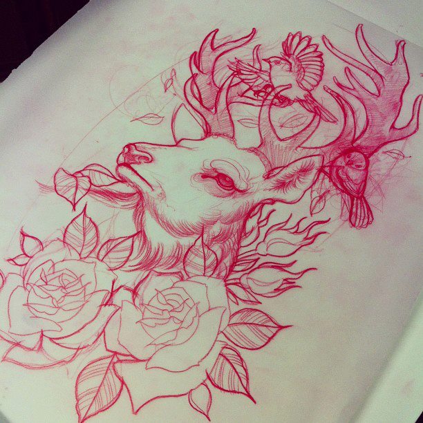 Pink Outline Roses And Traditional Deer Tattoo Design