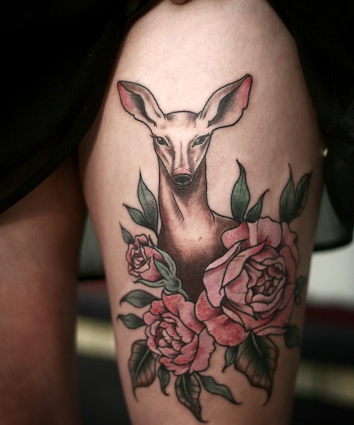 Pink Roses And Deer Tattoo On Left Thigh For Women