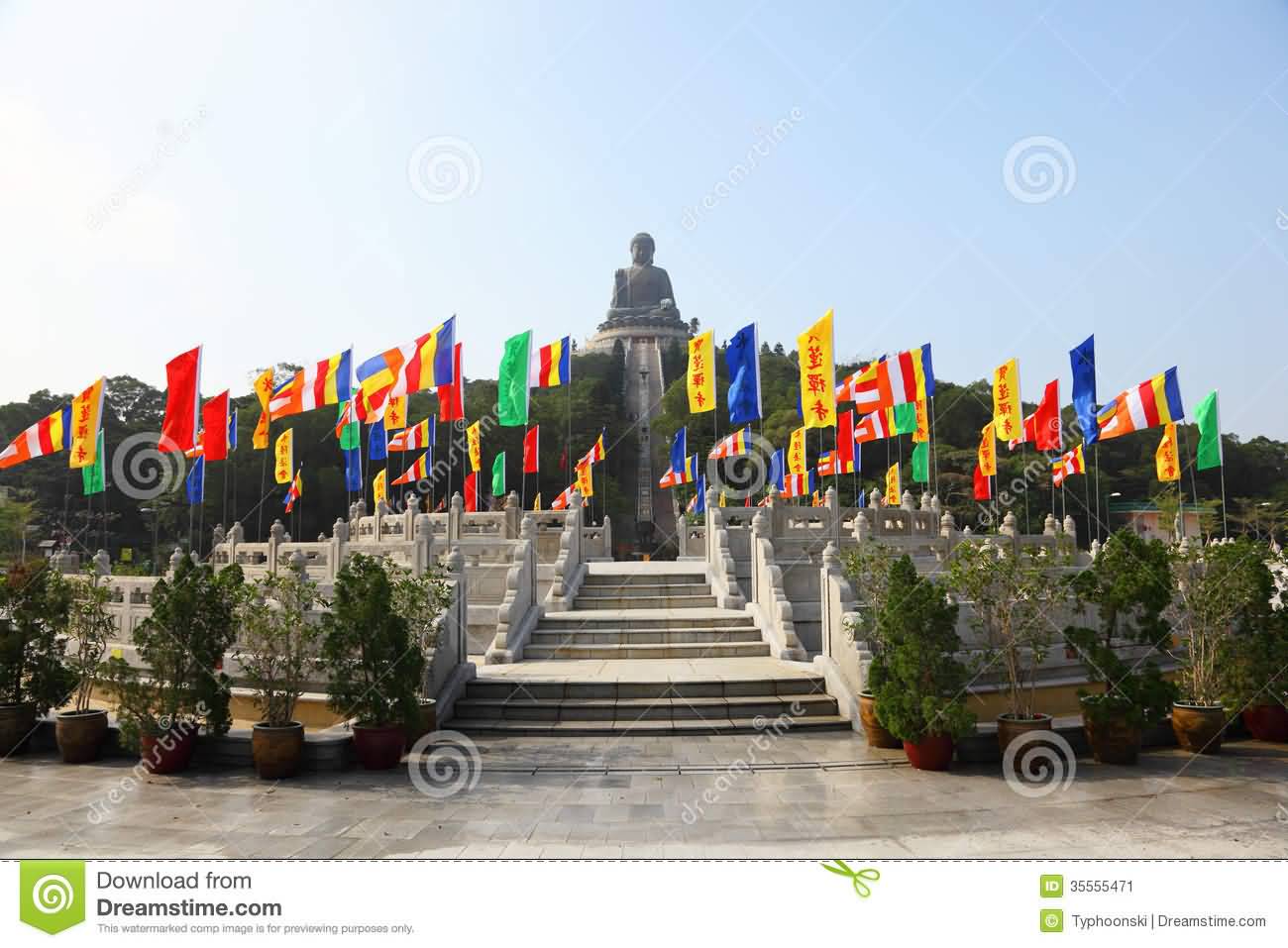 Po Lin Monastery With Flags And Tian Tan Buddha Statue View