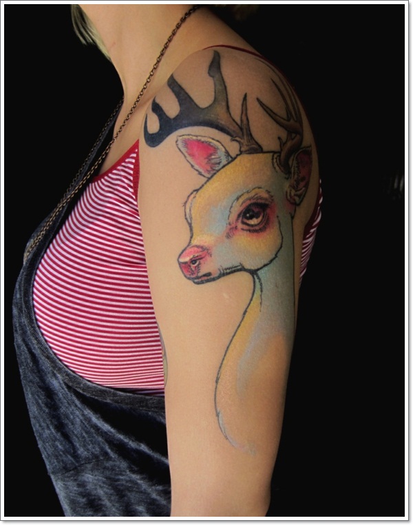 Pretty Deer Tattoo On Left Shoulder For Women