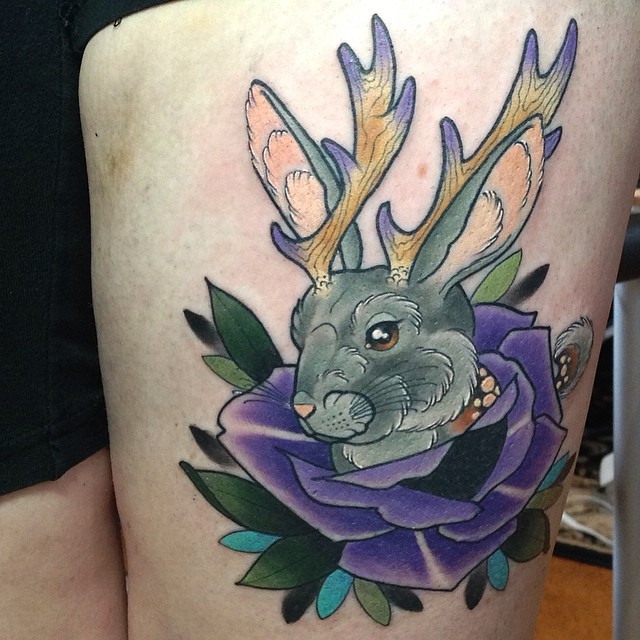 Rabbit With Purple Rose Tattoo On Left Thigh