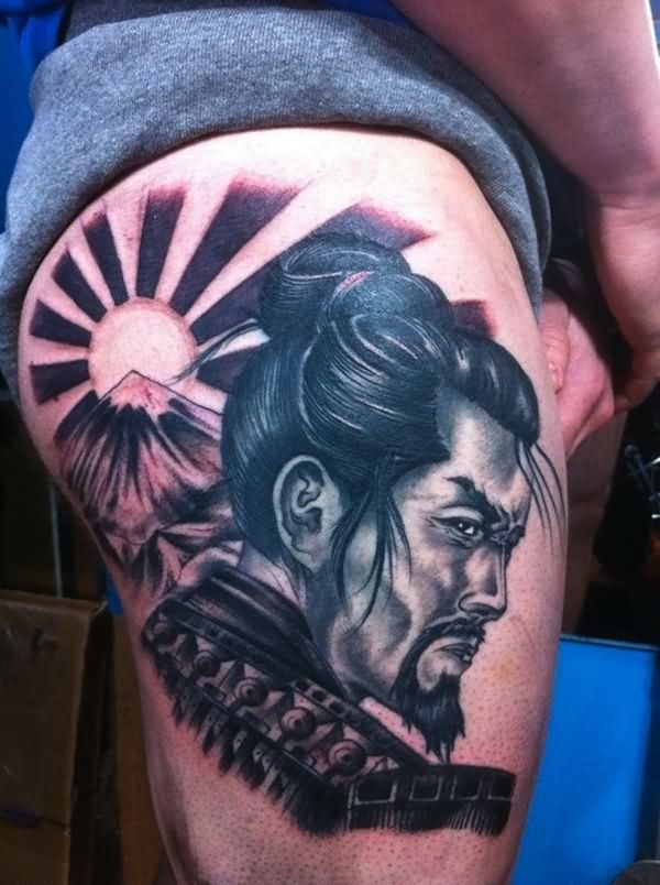 Realistic Black And Grey Samurai Head Tattoo On Right Side Thigh
