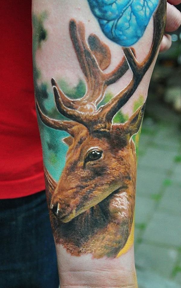 Realistic Deer Head Tattoo On Left Forearm
