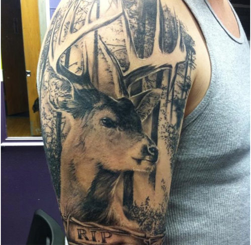 Realistic Grey Deer Head Tattoo On Right Half Sleeve