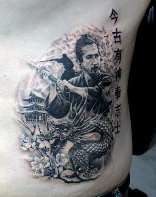 Realistic Grey Ink Samurai With Dragon Tattoo Design For Side Rib