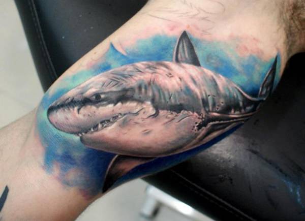 Realistic Grey Ink Shark Tattoo On Bicep