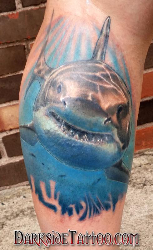 Realistic Shark Tattoo Design For Leg Calf