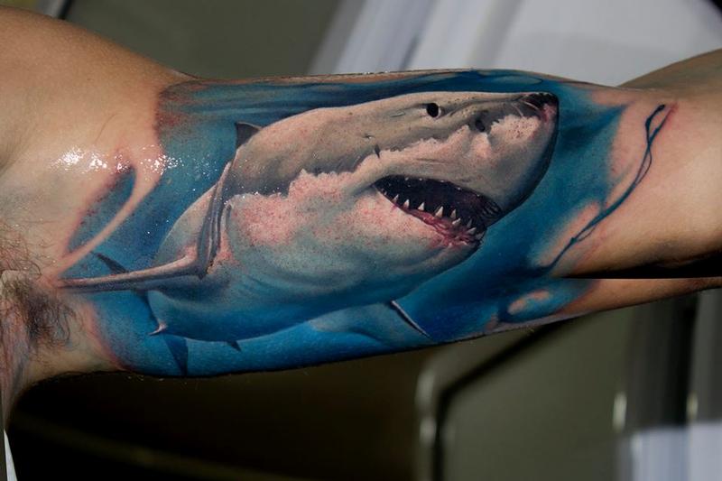 Realistic Shark Tattoo On Man Left Bicep By Victor Chil