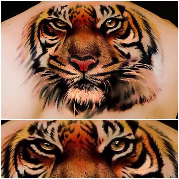 Realistic Tiger Eyes Tattoo On Upper Back