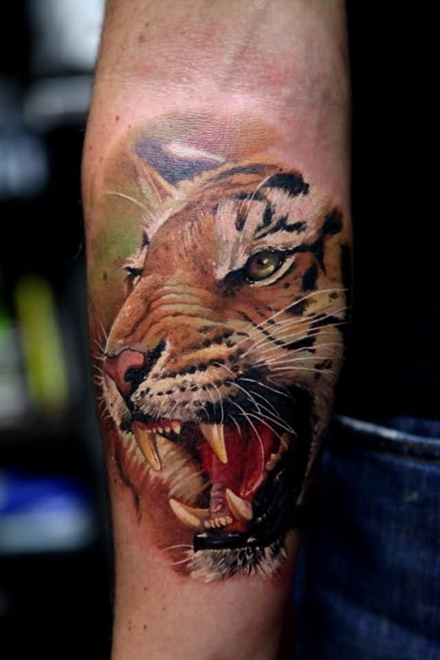 Realistic Tiger Face Tattoo On Forearm