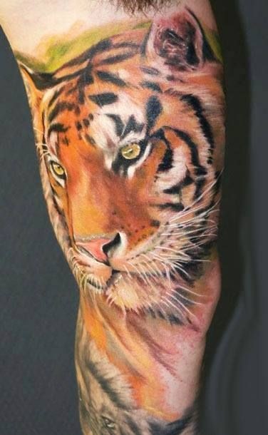 Realistic Tiger Head Tattoo On Full Sleeve