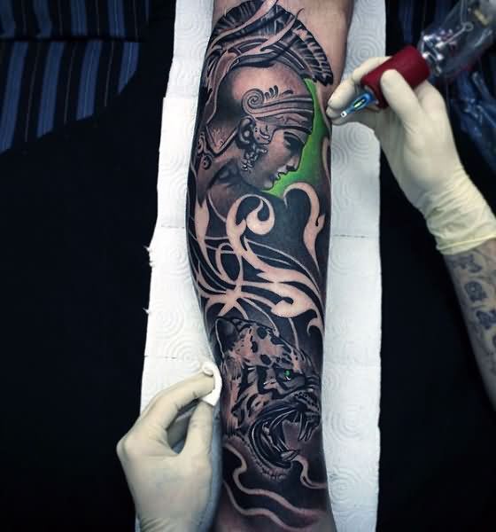 Realistic Warrior And Tiger Head Tattoo On Forearm