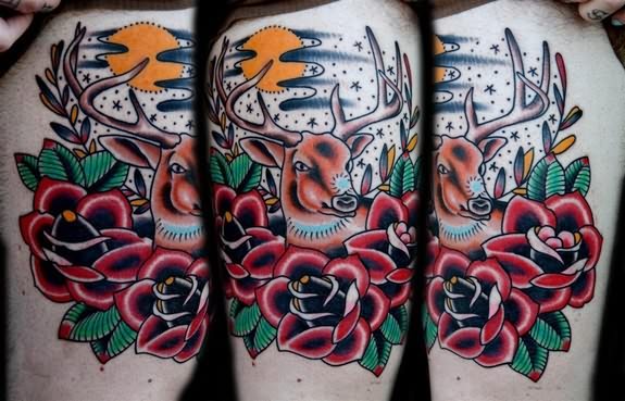 Red And Black Roses With Traditional Deer Tattoo