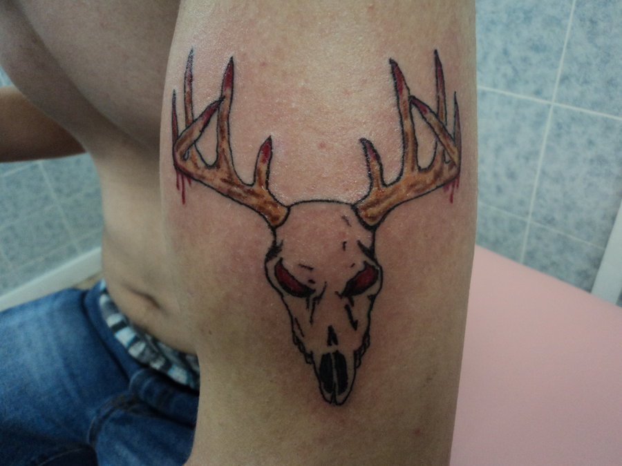 Red Eyes Deer Skull Tattoo On Left Bicep