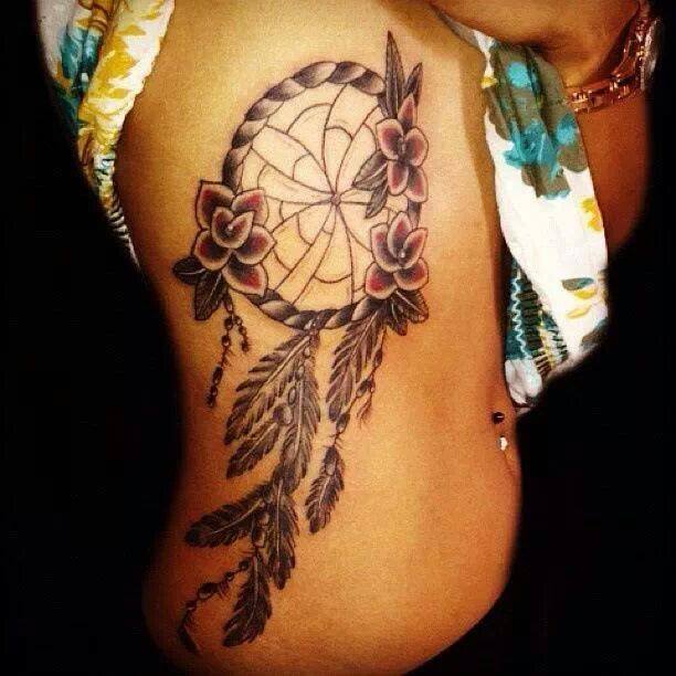 Red Flowers And Dreamcatcher Tattoo On Girl Side