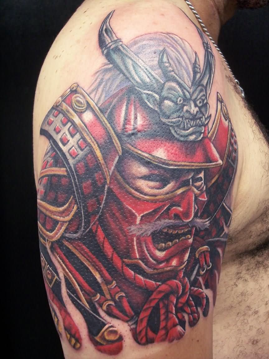 Red Ink Samurai Head Tattoo On Man Right Shoulder