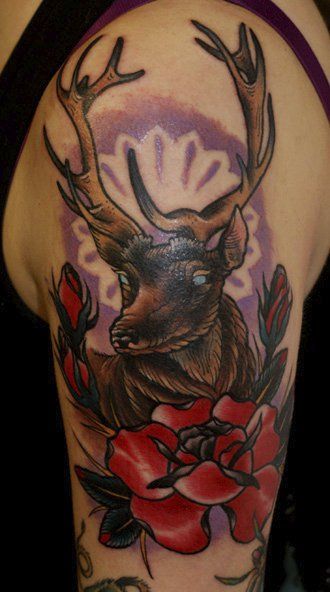 Red Rose Flower And Deer Tattoo On Half Sleeve by Hexa Salmela