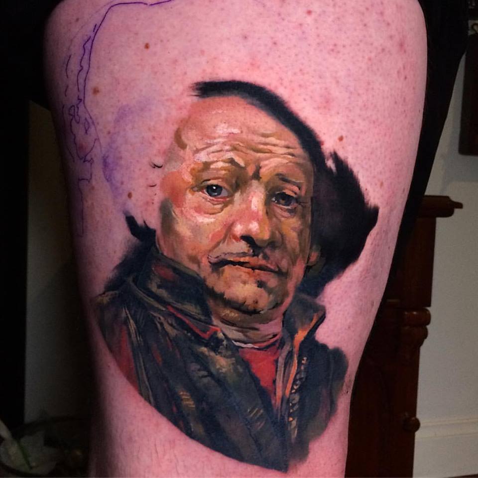 Rembrandt Portrait Tattoo On Man Right Half Sleeve