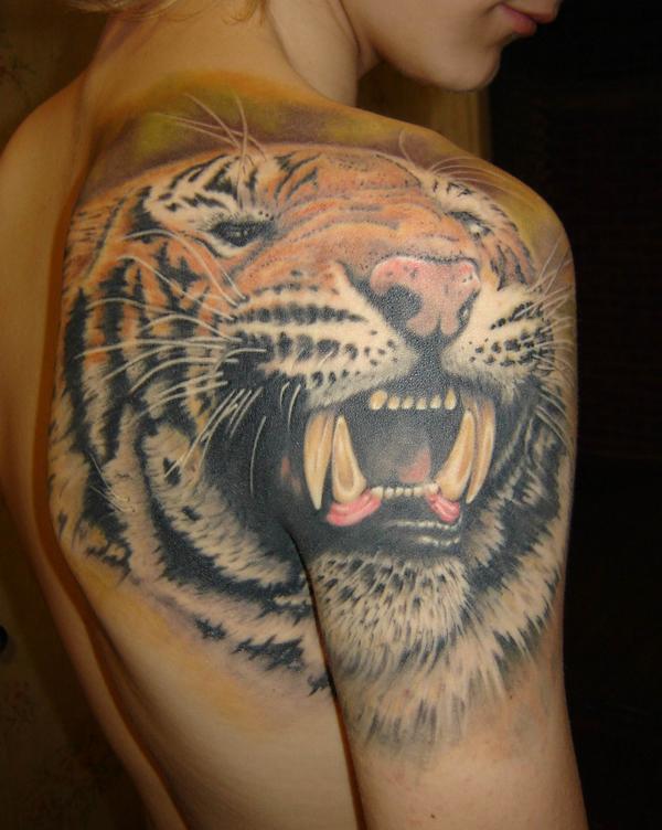 Right Shoulder Angry Tiger Tattoo For Girls