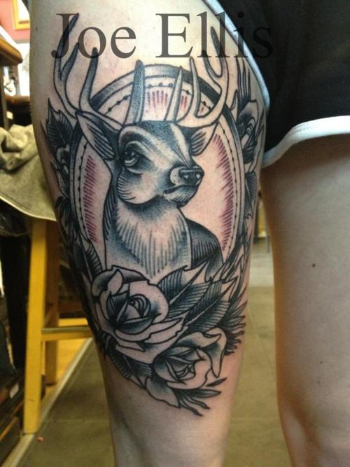Right Thigh Grey Ink Traditional Deer Tattoo