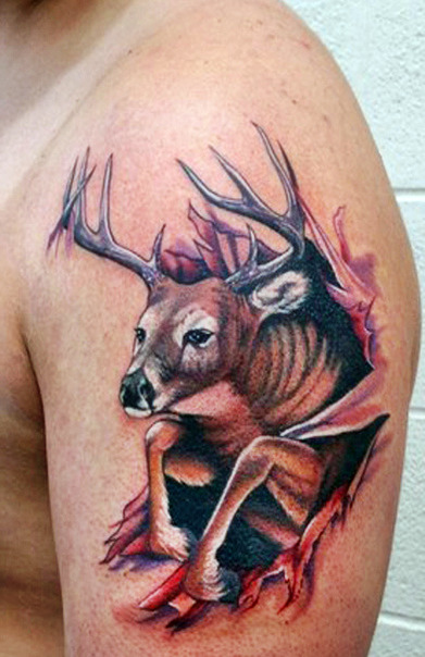 Ripped Skin Deer Head Tattoo On Left Shoulder