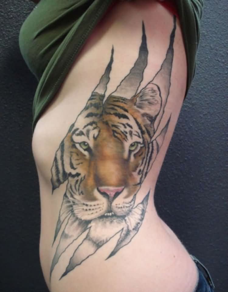 Ripped Skin Tiger Face Tattoo For Girls