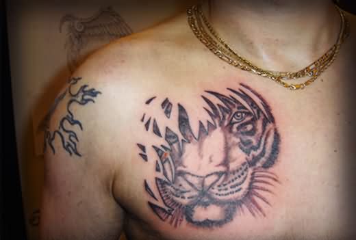 Ripped Skin Tiger Face Tattoo On Chest
