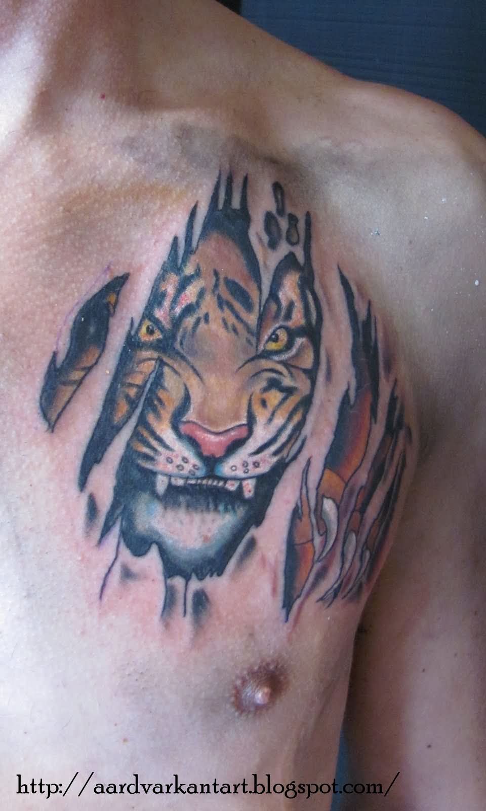 Ripped Skin Tiger Tattoo on Chest