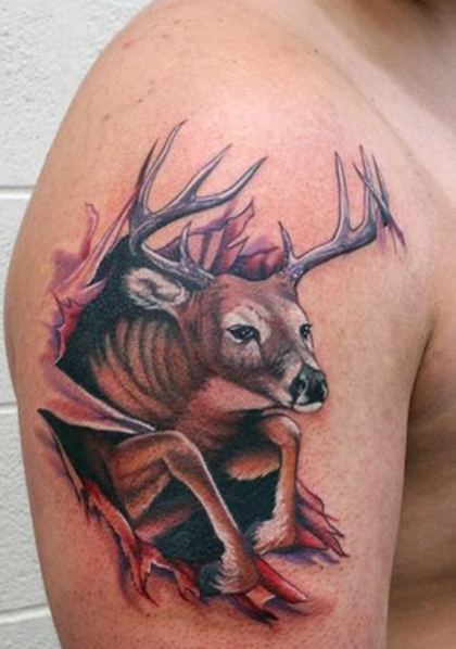 Ripped Skin Tribal Deer Head Tattoo On Right Shoulder