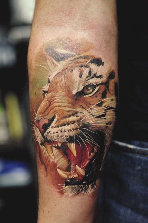 Roaring Tiger Face Tattoo On Arm Sleeve