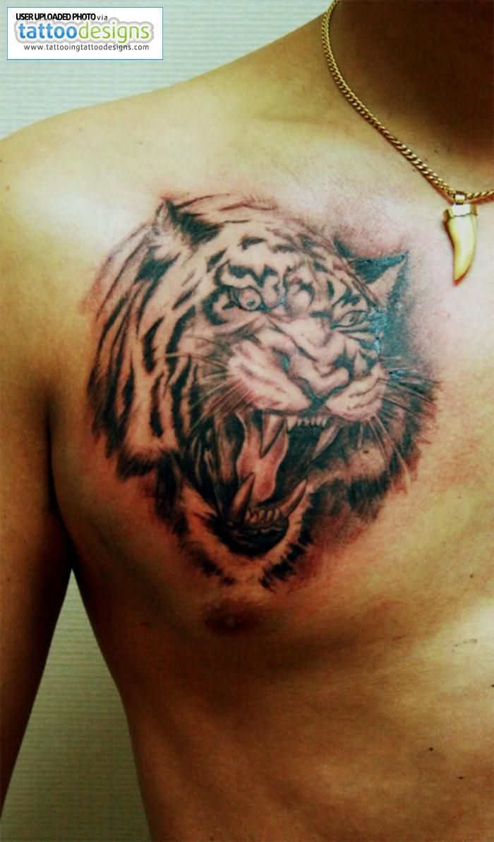 Roaring Tiger Head Chest Tattoo