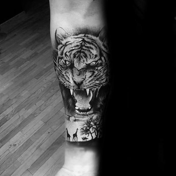 Roaring Tiger Head Tattoo On Arm Sleeve
