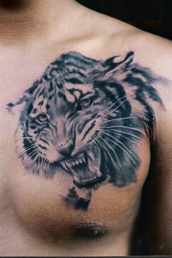 Roaring Tiger Head Tattoo on Chest