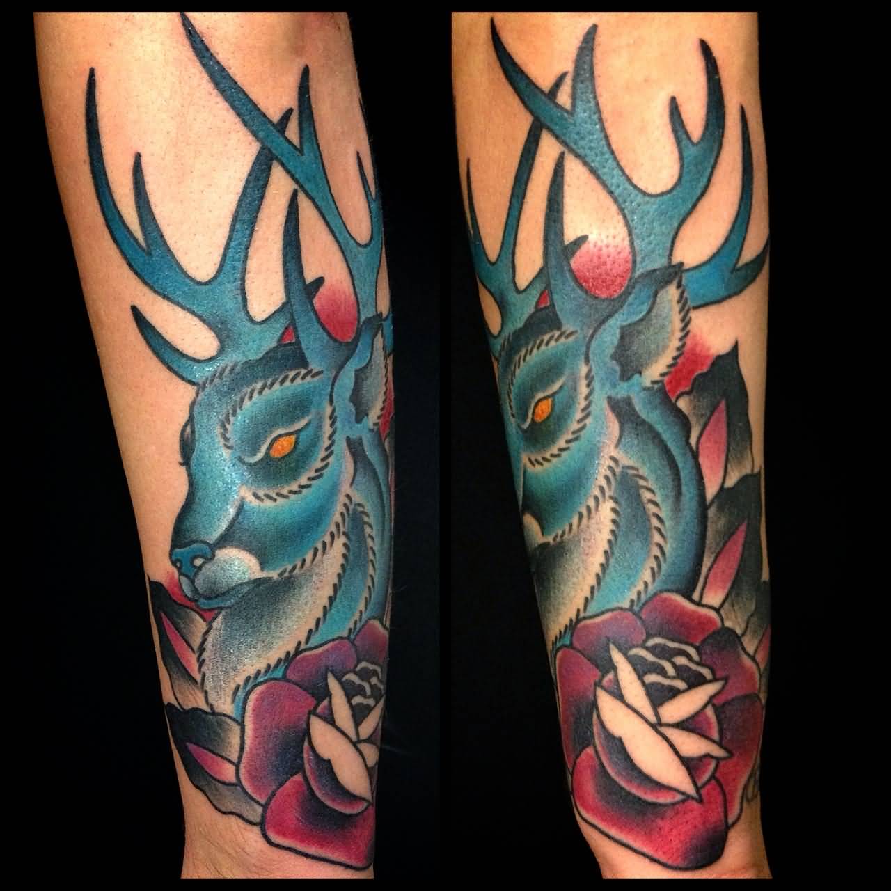 Rose And Blue Traditional Deer Tattoo On Arm Sleeve