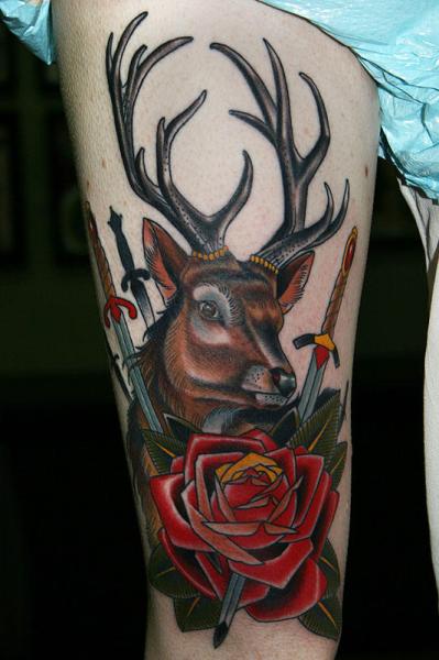 Rose Flower And Deer Tattoo On Thigh