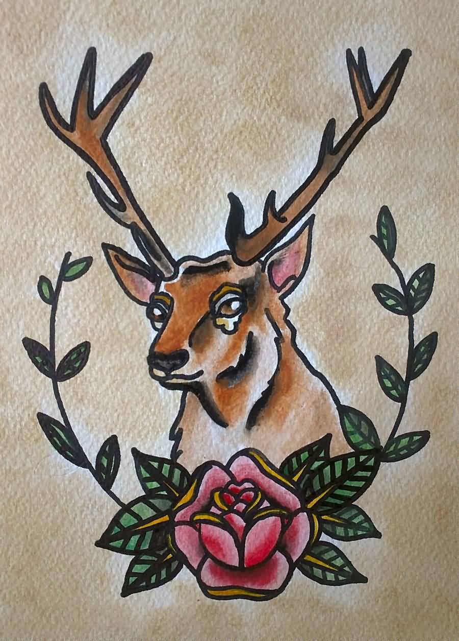 Rose Flower And Traditional Deer Head Tattoo