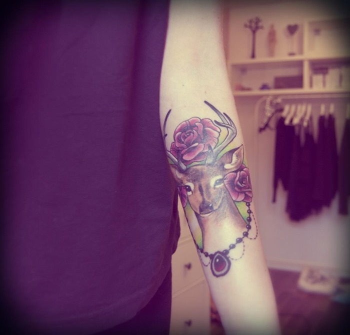 Rose Flower With Deer Tattoo On Arm
